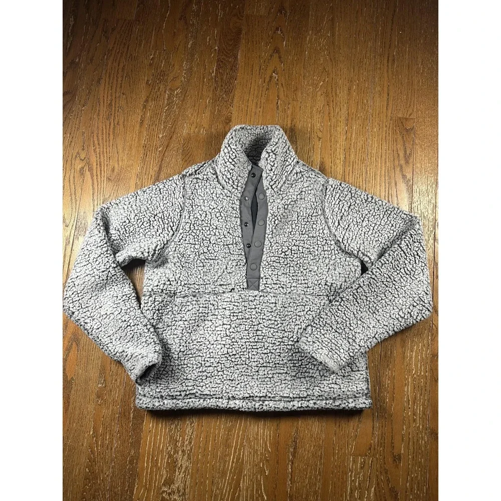 PrAna Fleece Jacket Womens Small Gray Sherpa Snap Front‎ Drawstring Hem Pockets